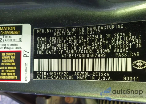 2012 Toyota Camry Se из США, поврежденный, VIN 4T1BF1FK0CU567999